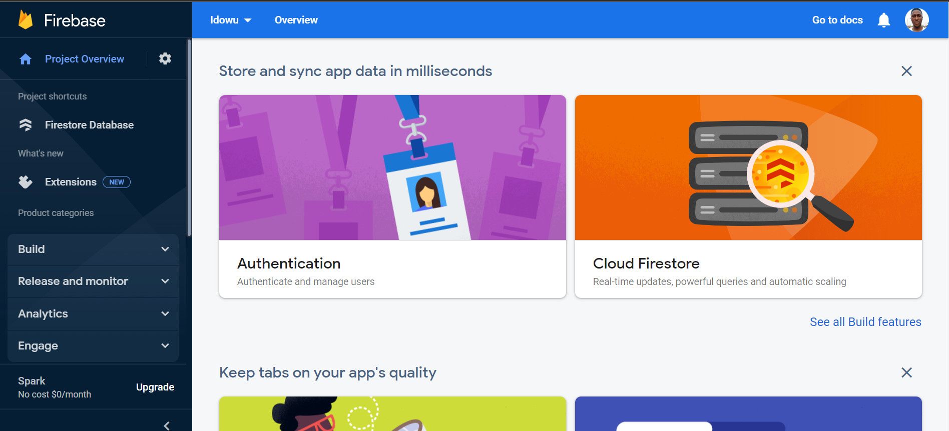 Выбор Cloud Firestore в списке сервисов Firebase