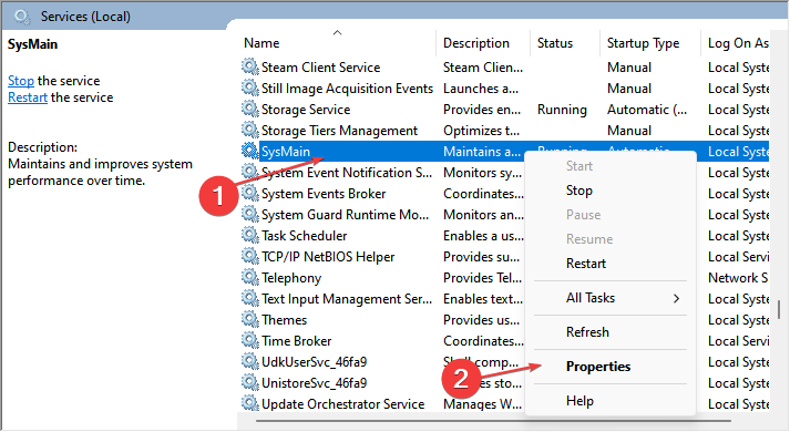 Свойства службы SysMain: тип запуска
