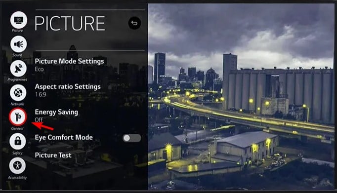 Меню Общие в настройках LG