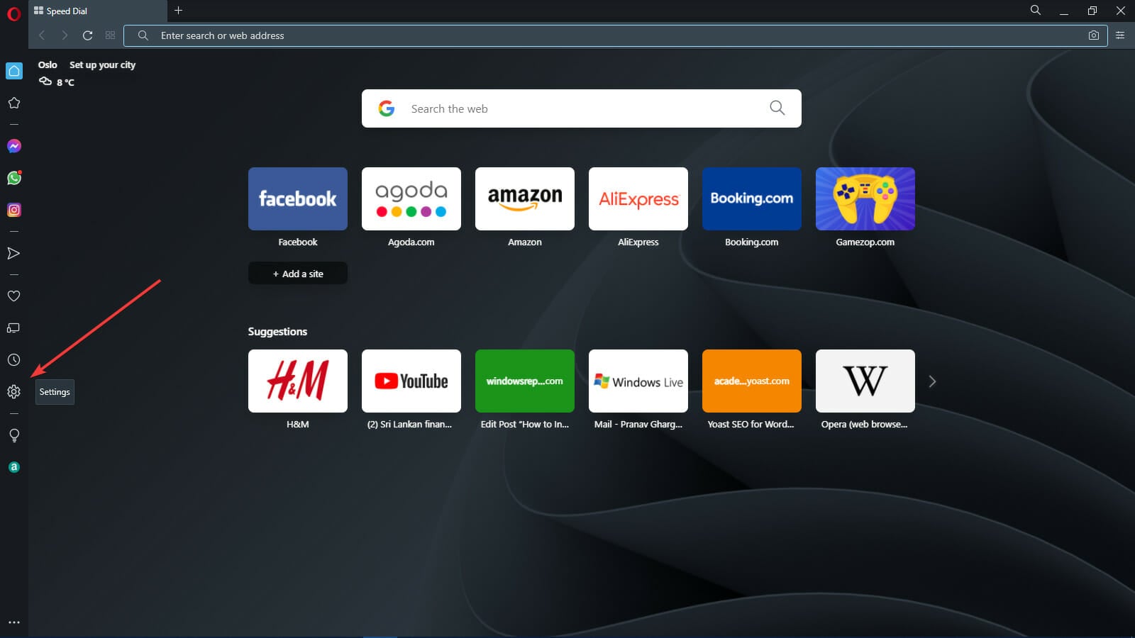 Скриншот: выбран пункт Настройки в боковой панели Opera