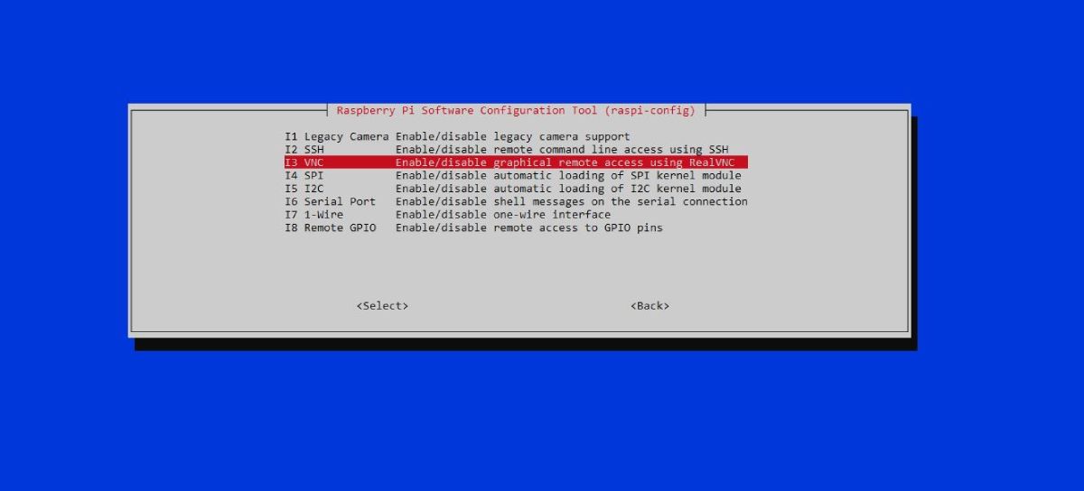 An image showing selection of VNC in interface options of raspi-config