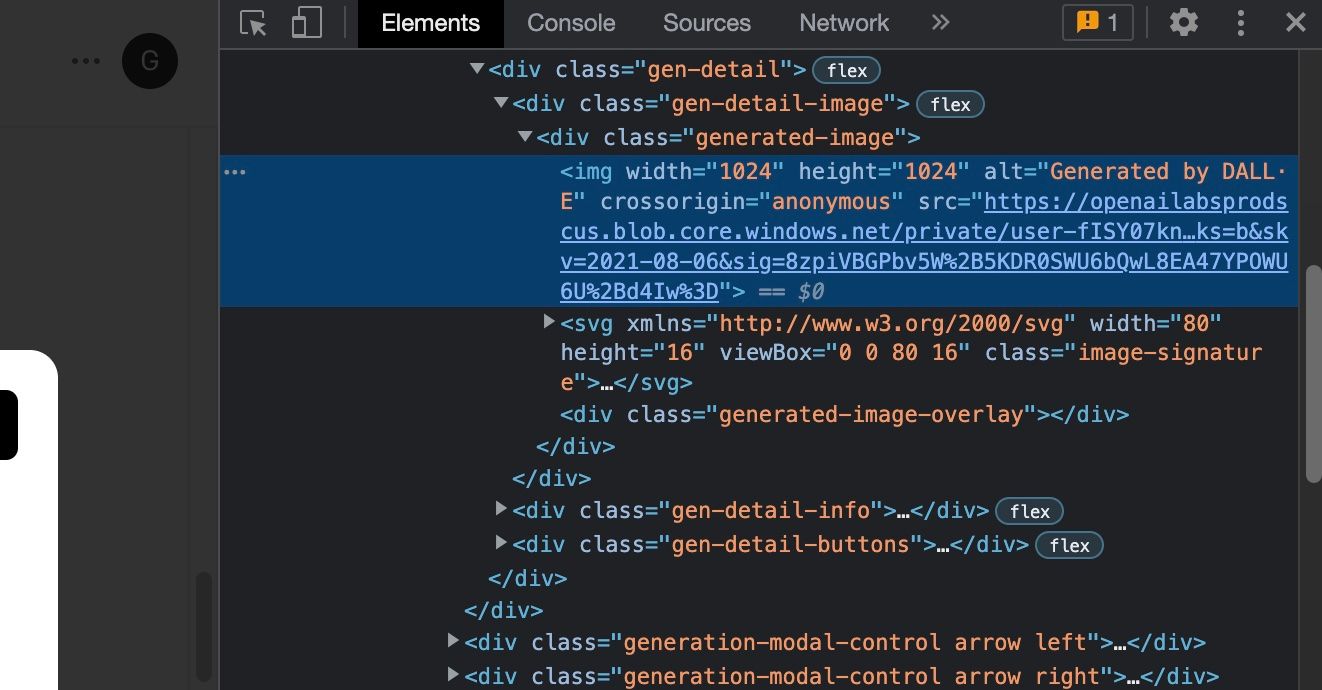 Окно инспектора в Chrome с ссылкой на изображение DALL·E