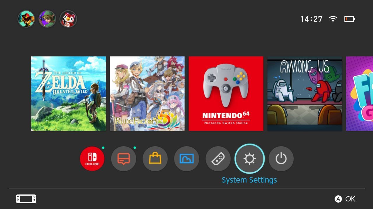 Нажмите значок шестерёнки для открытия настроек Nintendo Switch