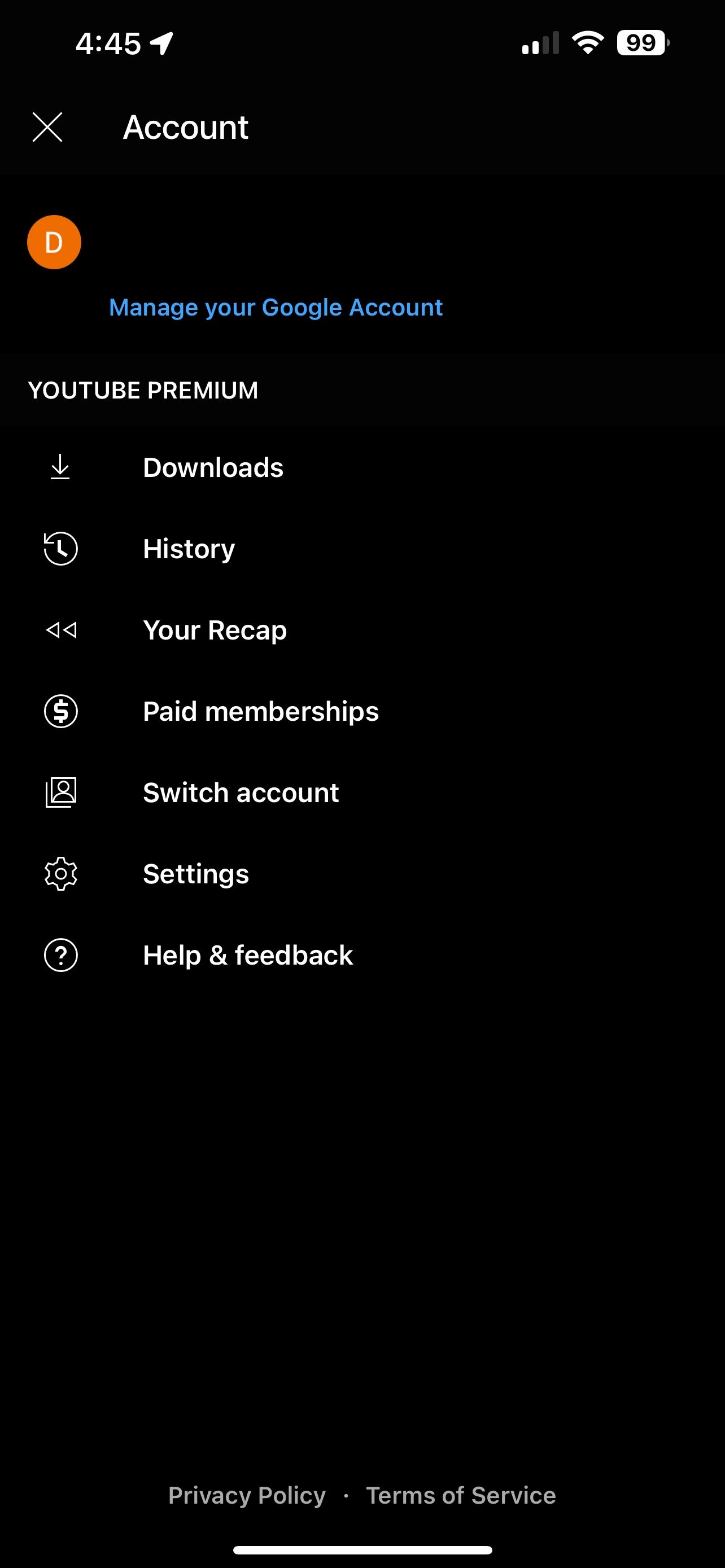 YouTube Music iOS App Account Screen