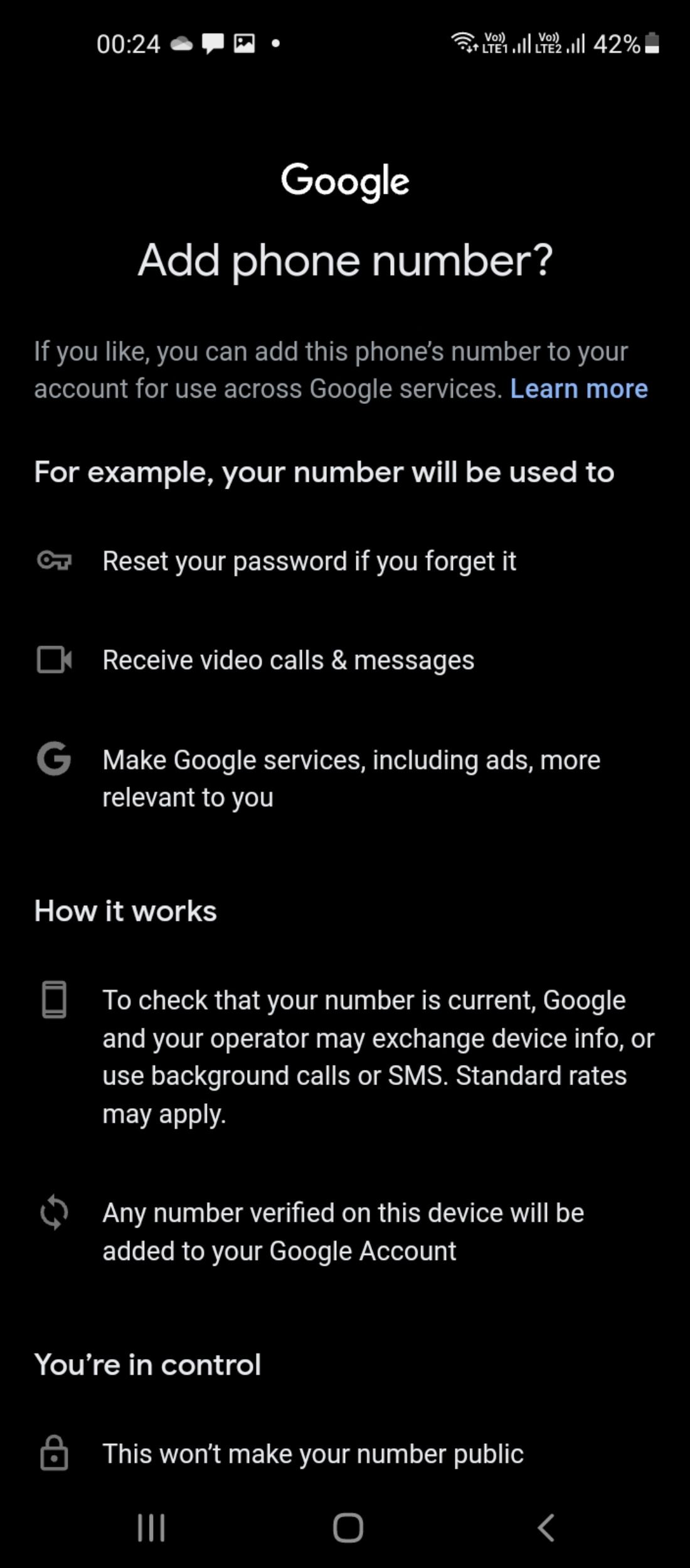 Добавление номера в аккаунт Google для проверки