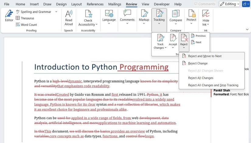 Опции принятия и отклонения изменений в сравнённом документе