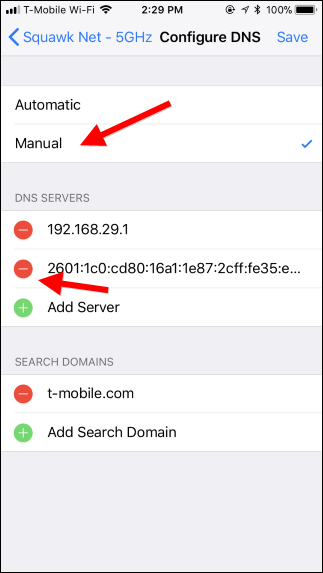 Экран Configure DNS с выбором Manual и красными кнопками удаления