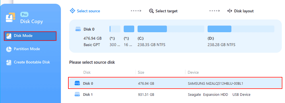 Режим диска в EaseUS Disk Copy