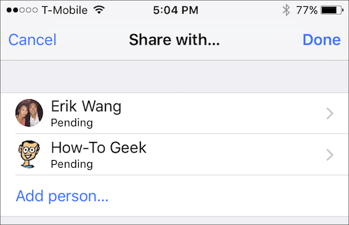 Экран «Поделиться» с участниками списка и опцией прекращения совместного доступа
