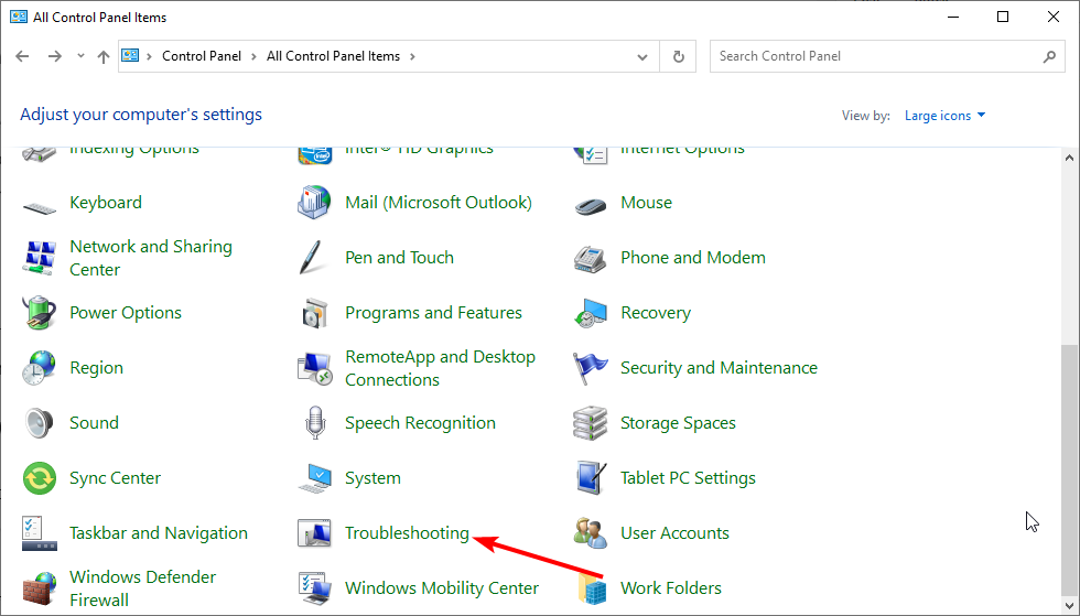 Раздел устранение неполадок в панели управления