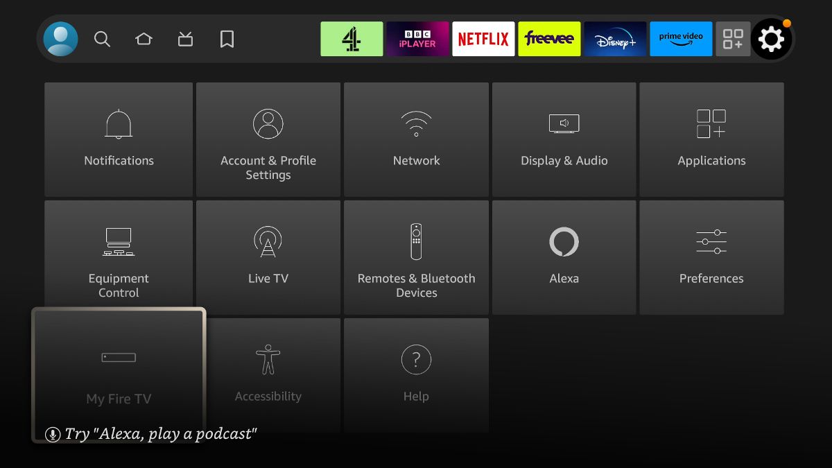 Параметры настроек на главном экране Fire TV