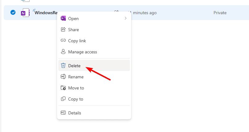 Удаление файла блокнота в OneDrive