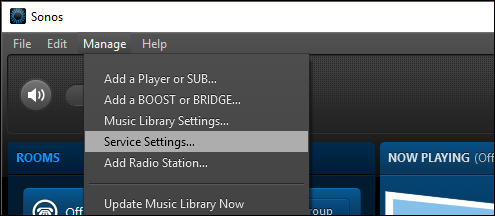 Окно Service Settings в Sonos на десктопе