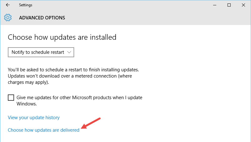 Дополнительные параметры: ссылка 'Выберите способ доставки обновлений'