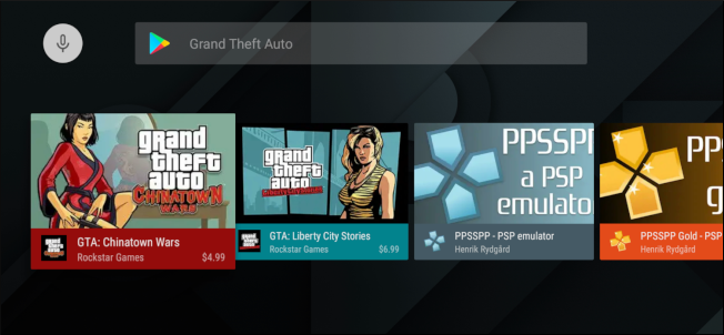 Интерфейс Google Play Store на SHIELD с результатами поиска игр