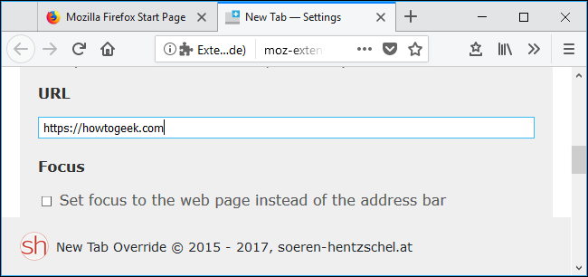 Настройки расширения New Tab Override — поле URL для страницы новой вкладки