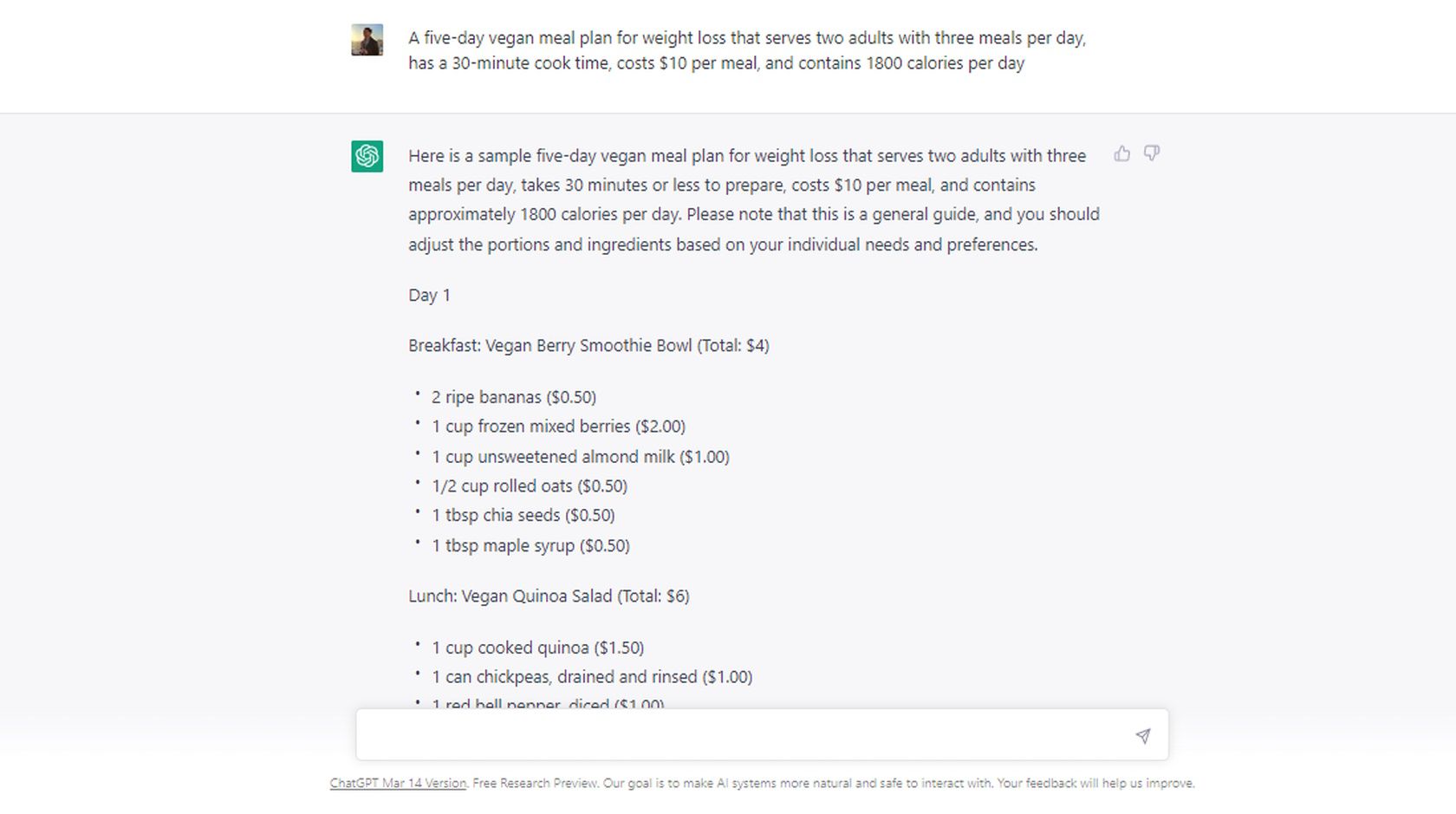 Иллюстрация ChatGPT с примерами подсказок для планирования меню