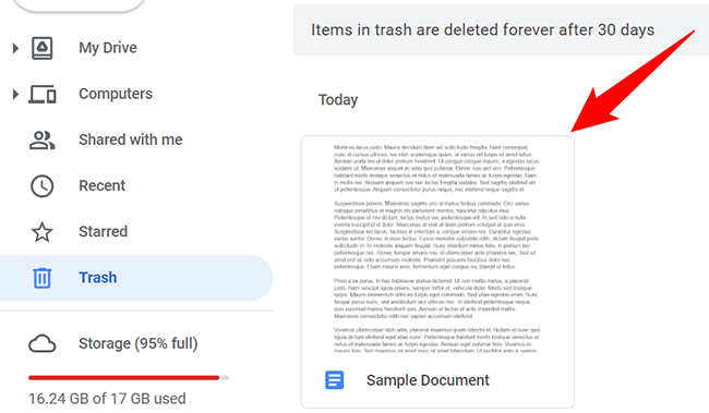 Список удалённых документов Google Docs и других файлов.