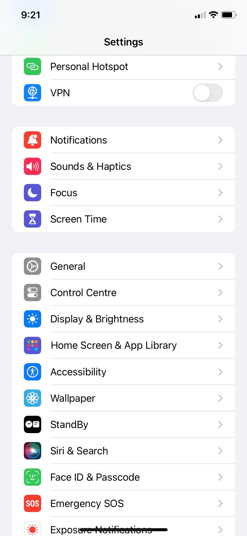 iOS Settings App open