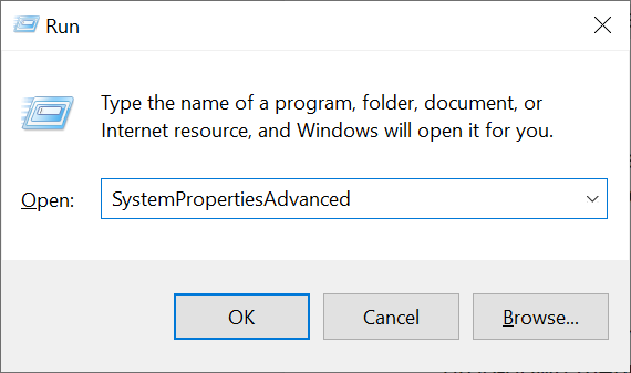 Окно «Выполнить»: введите SystemPropertiesAdvanced и нажмите Enter.