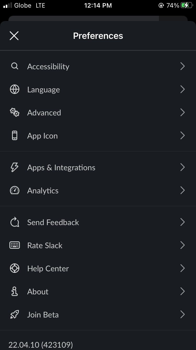 Настройки мобильного приложения Slack, раздел Дополнительно