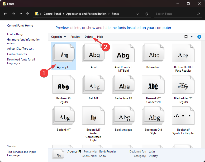 Кнопка «Удалить шрифт»