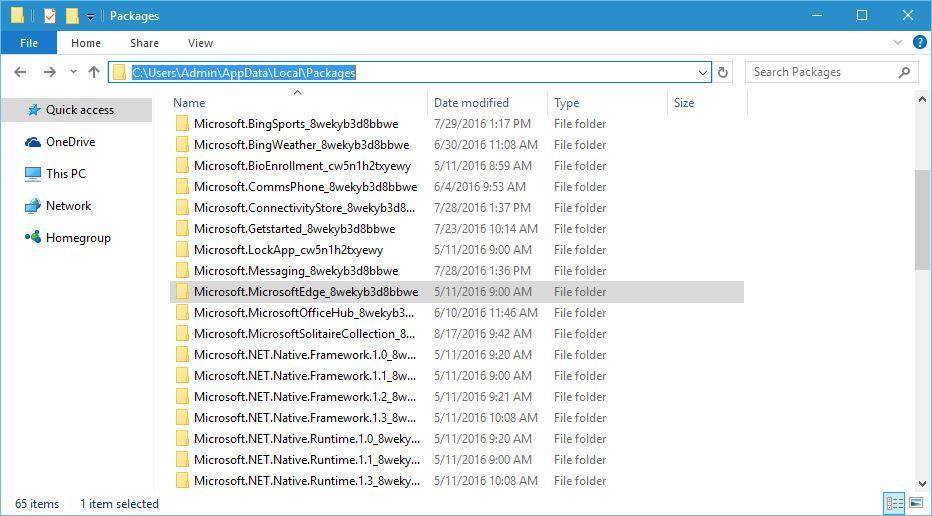 Папка Microsoft Edge в AppData