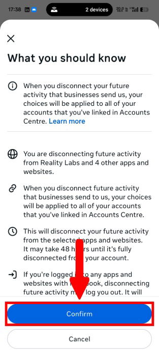 Подтверждение отключения: уведомление о выходе из сайтов и запрете входа через Facebook