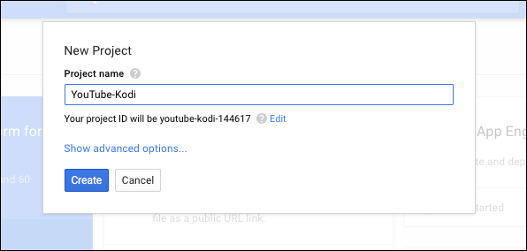 Имя проекта YouTube‑Kodi в консоли