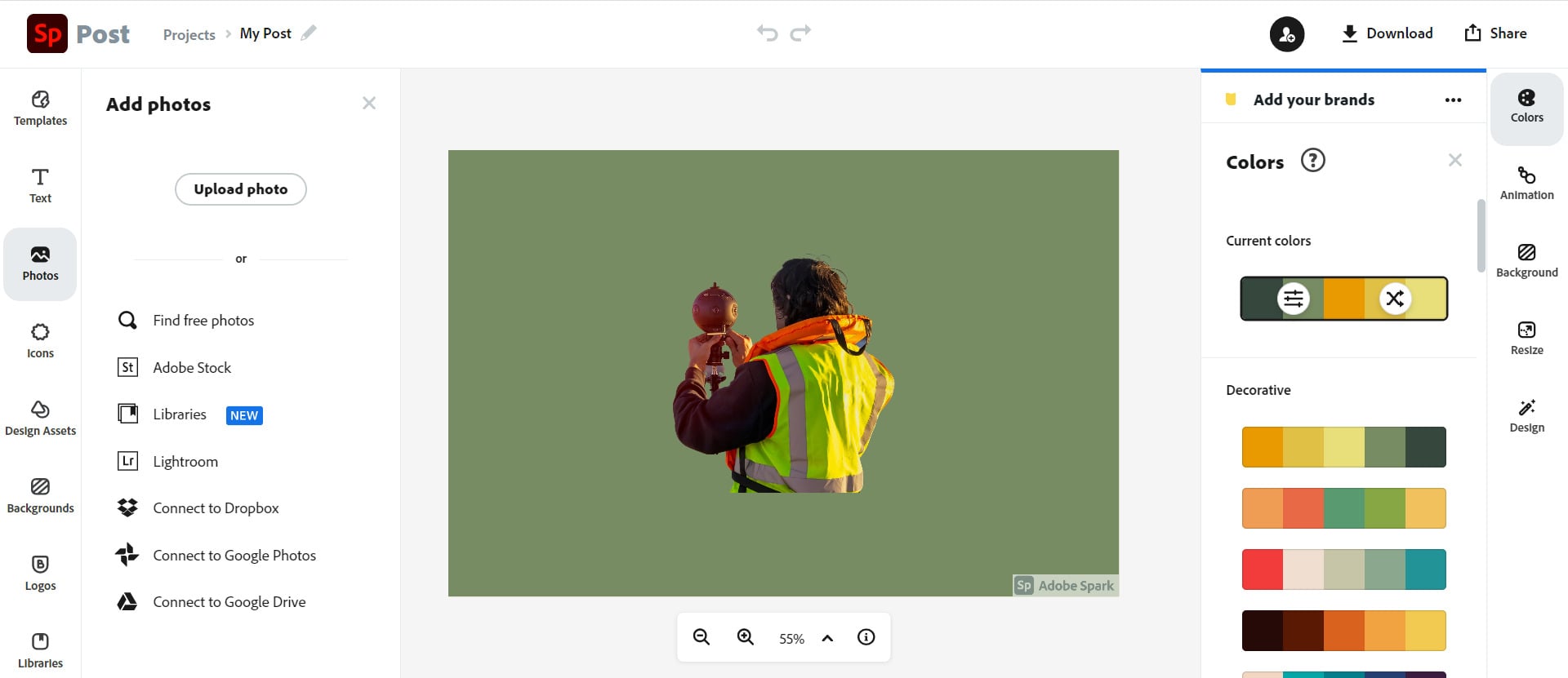 Интерфейс редактора Adobe Express с возможностями брендирования