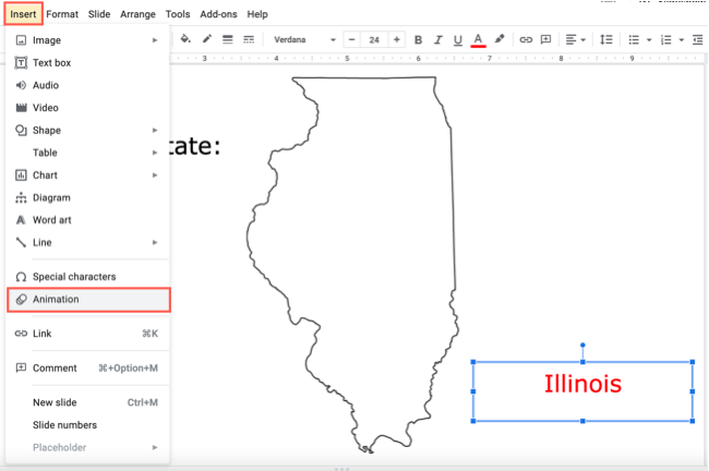 Меню Google Slides — Вставка → Анимация на примере