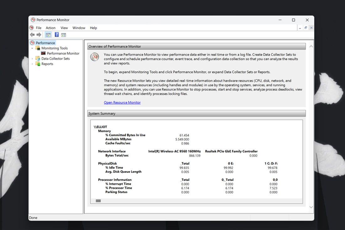 Главный экран Монитора производительности Windows