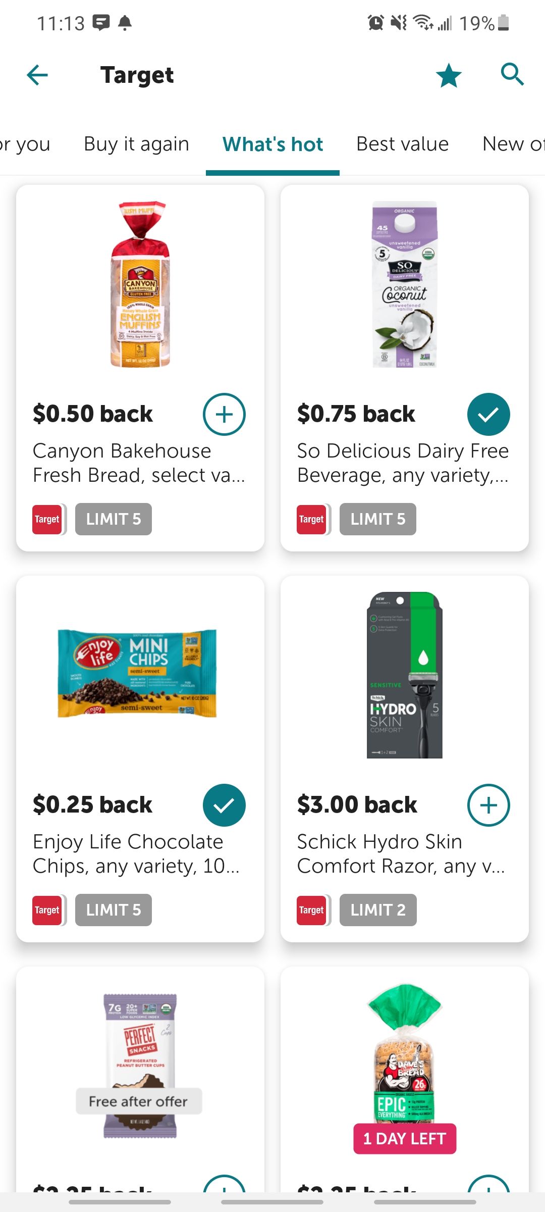 ibotta app showing different cash back offers for target