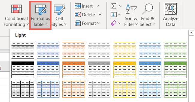 On the Home tab, click Format as Table