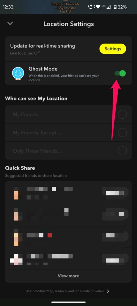 Включение режима «Привидение» в Snap Map