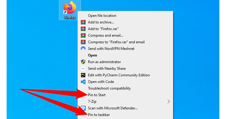 Выберите 'Pin to Start' или 'Pin to Taskbar' для закрепления ярлыка Firefox с URL. 