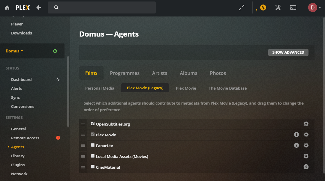 Список агентов Plex с OpenSubtitles вверху