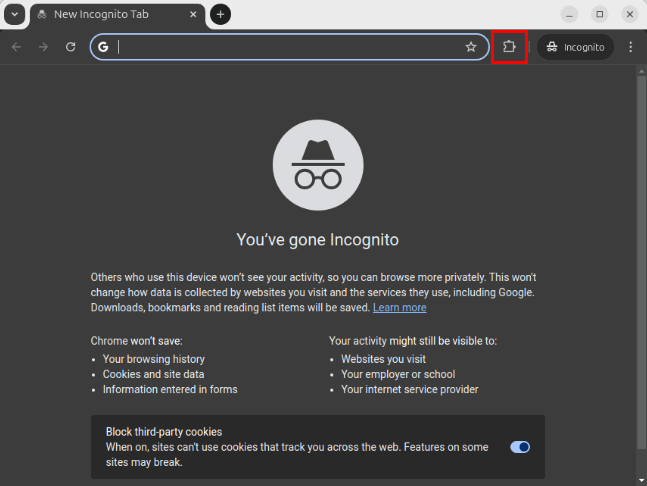 Скриншот: значок пазла (расширений) рядом с меткой инкогнито