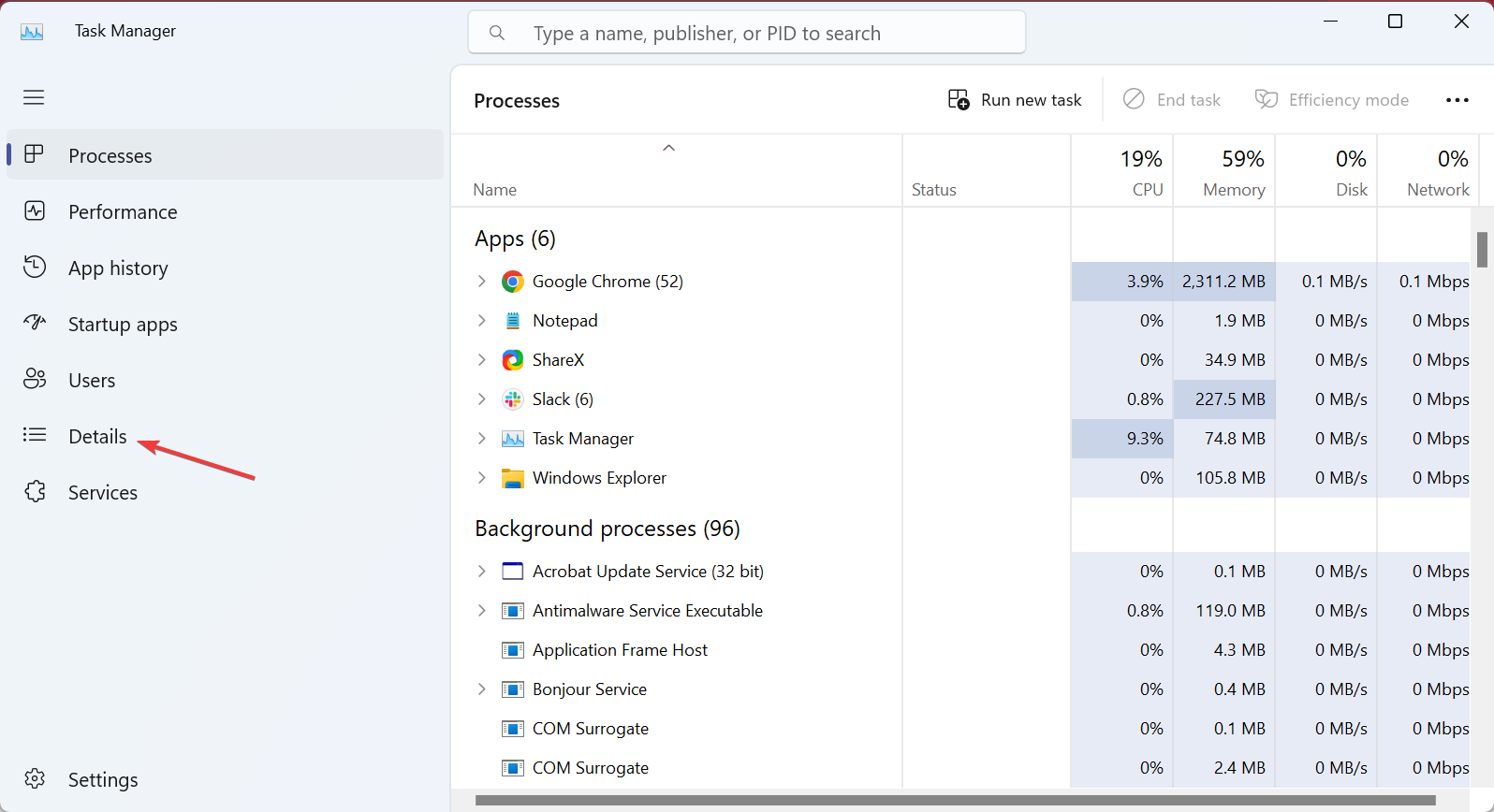 Вкладка «Подробности» в Диспетчере задач