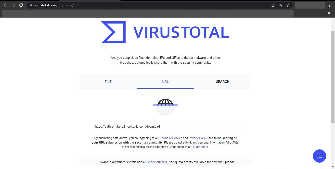 Ввод URL файла в сканере VirusTotal на сайте VirusTotal