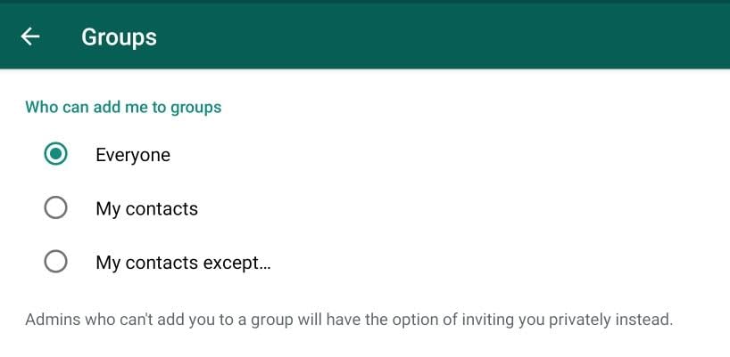 pantalla con opciones de privacidad de grupos en WhatsApp para Android e iOS