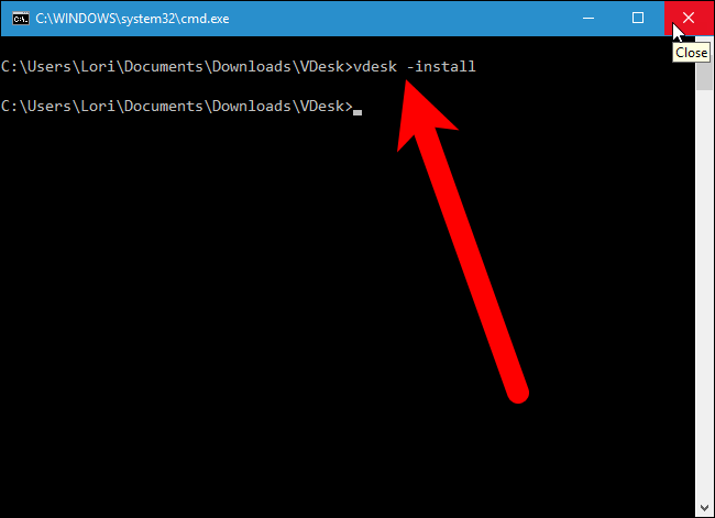 Команда vdesk -install введена в командной строке