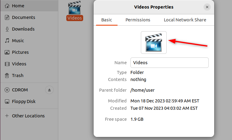 Окно свойств папки с кнопкой Восстановить для возврата значка по умолчанию.
