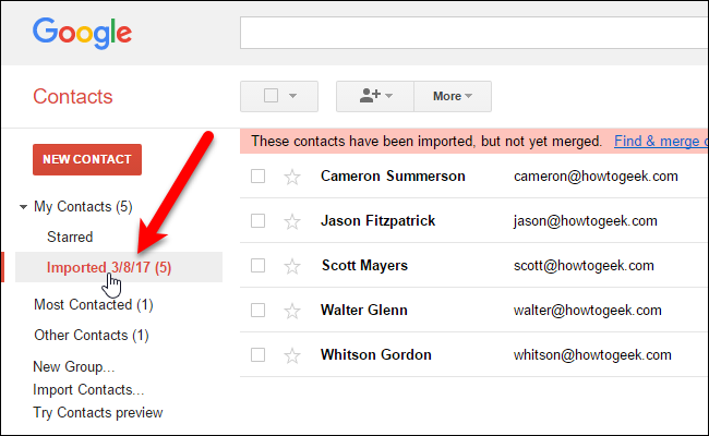 Импортированные контакты в отдельной группе Google Контактов