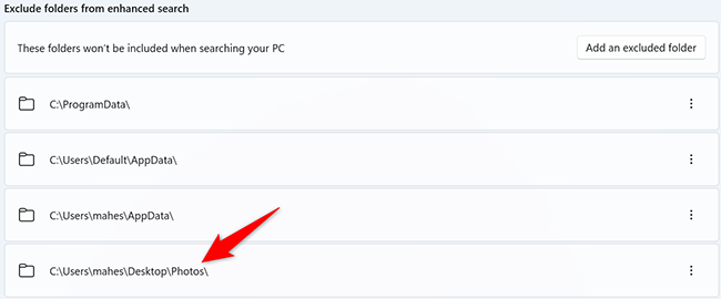 Раздел с перечислением исключённых папок в настройках поиска