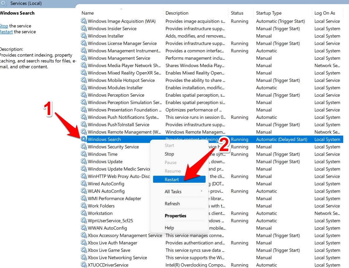 Перезапуск службы Windows Search