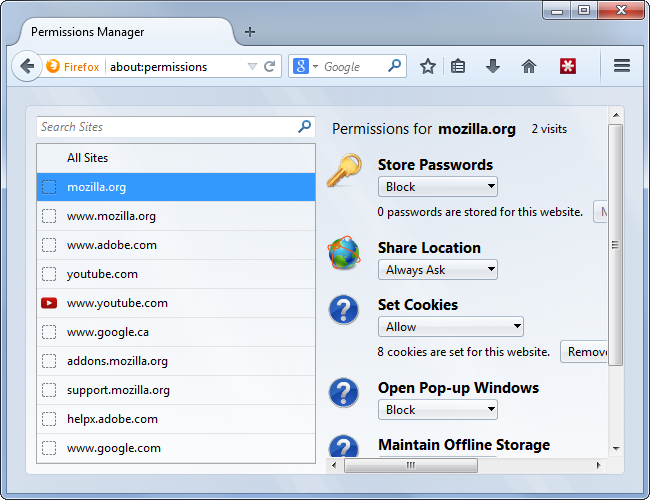 Менеджер разрешений Firefox на странице about:permissions