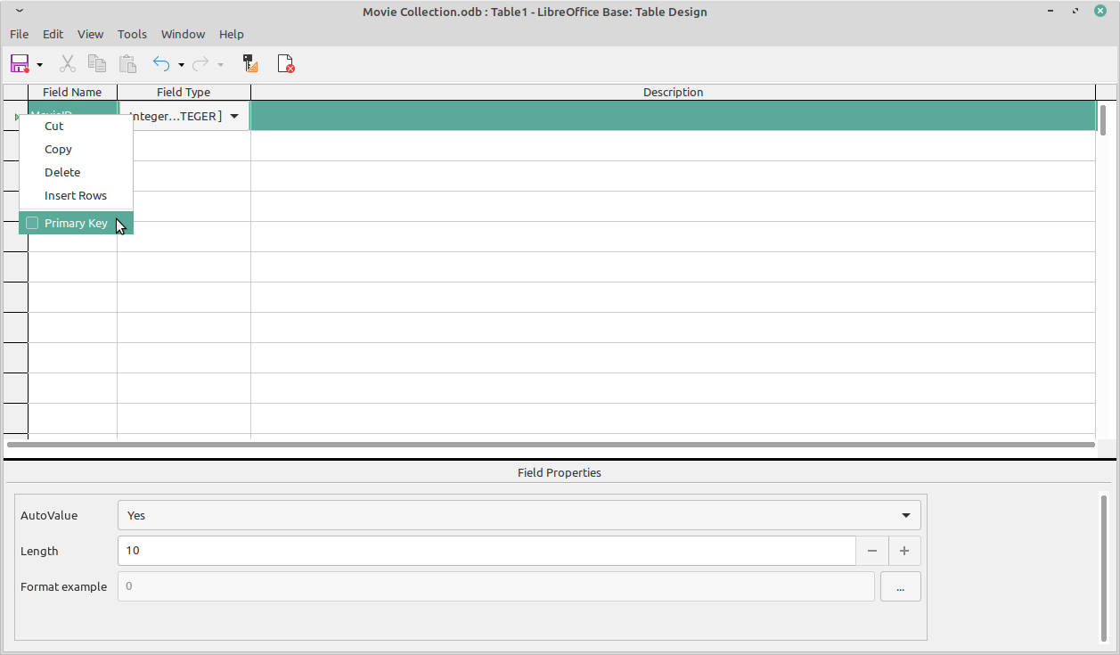 установка первичного ключа в LibreOffice Base: диалог проектирования таблицы