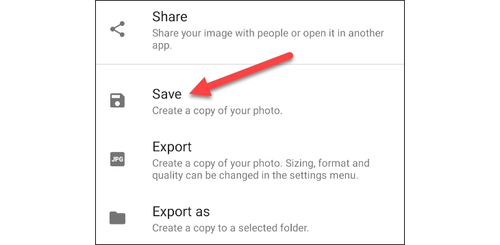 Опции сохранения в Snapseed