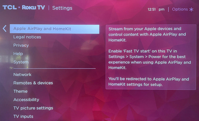 Пункт AirPlay и HomeKit в меню Настройки Roku